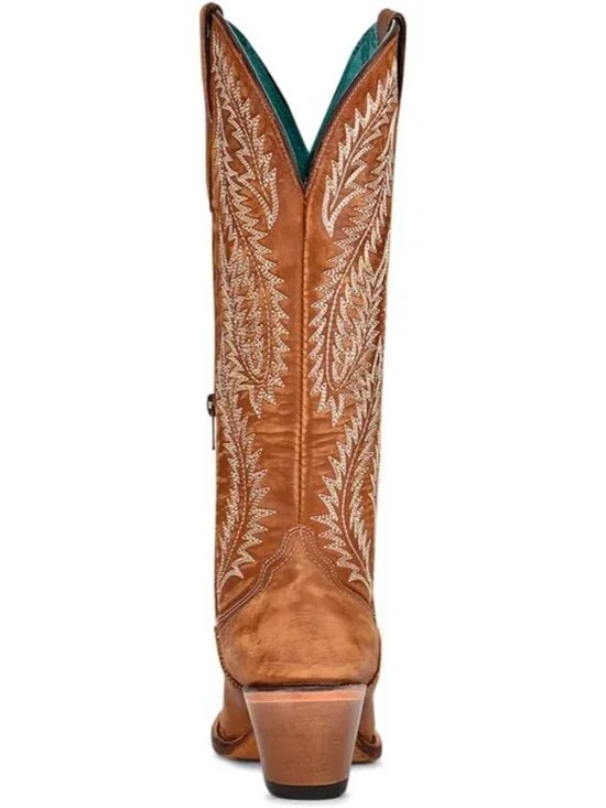 Women's Tan Handcrafted Western Boots J Toe Tall Cowboy Boots with Distressed - Picture 5 of 5